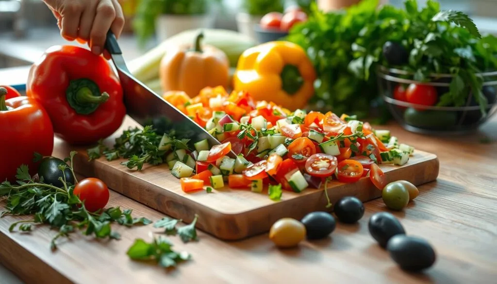 Chopping vegetables for Italian pasta salad Chopping vegetables for Italian pasta salad
